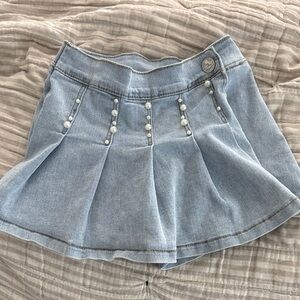 Light Blue Pleated Denim Skort with Pearl Accents